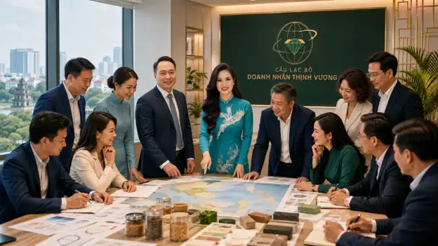 Hai doanh nhân đại diện Câu lạc bộ Doanh Nhân Thịnh Vượng cùng các thành viên trao đổi cơ hội hợp tác.