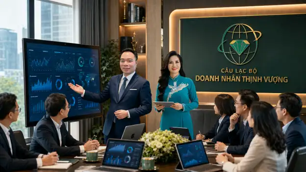 Hai doanh nhân trung tâm cùng các thành viên Câu lạc bộ trao đổi về dữ liệu và chuyển đổi số.