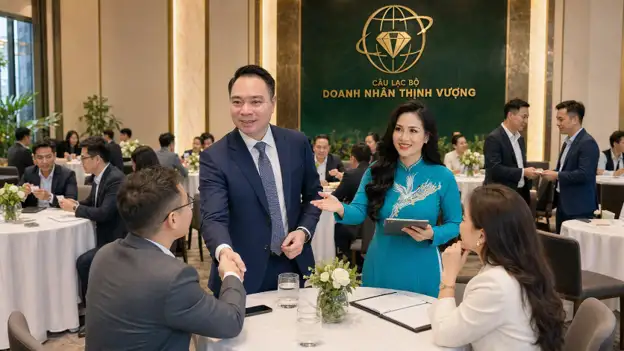 Hai người điều phối cùng các hội viên tham gia phiên kết nối kinh doanh của Câu lạc bộ Doanh Nhân Thịnh Vượng.